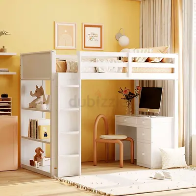 Stylish Loft Bed with Desk and Bookshelf