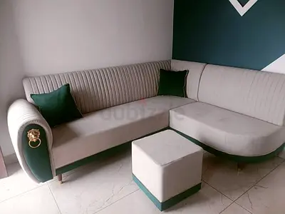 Luxury Emerald  Cream Ribbed Sectional Sofa