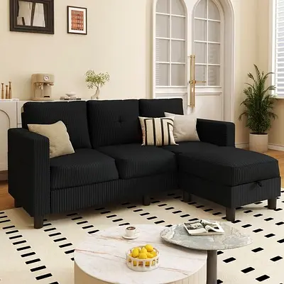 Black corduroy L shaped sofa