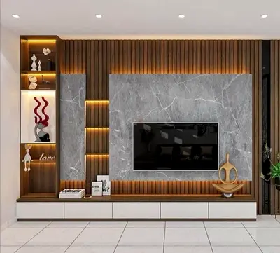 Modern Marble  Wood Slatted Media Wall