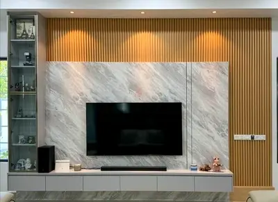 Contemporary Slatted Wood  Marble Media Unit