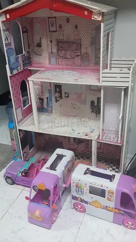 Wooden Dollhouse with Toy Cars