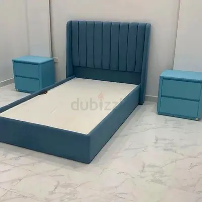 Stylish Blue Upholstered Bed with Nightstands