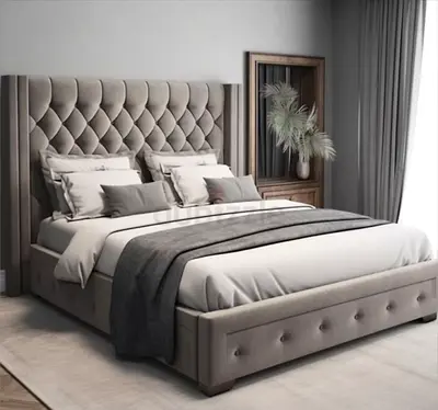 Elegant King Size Bed with Plush velvet fabric Headboard customization available