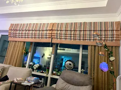 BLINDS with CURTAINS Beige and Green Stripes