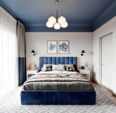 Elegant Blue Upholstered Bed with Stylish Decor