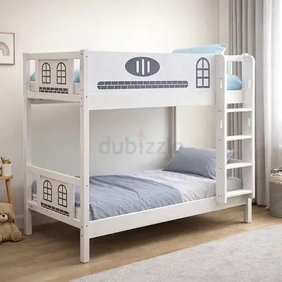 White Wooden Bunker Bed with Built-in Ladders - Kids Double Deck Bed For Home
