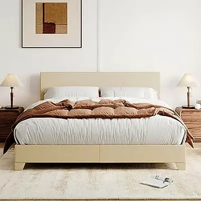 Biege linen upholstered square bed frame