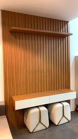 Custom made Modern TV Feature Wall with Wooden Shelving and LED Glow
