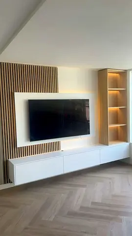 Custom Made Floating TV Console with Vertical Slat Accent Wall