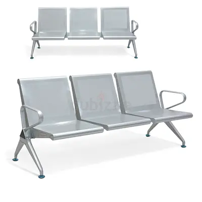 3-Seater Silver Metal Airport Waiting Room Bench | Perforated Steel Gang Seating