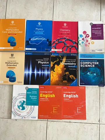 Cambridge IGCSE Maths Physics Chemistry ICT Chemistry English Textbooks and Workbooks.