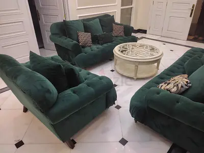 Cozy Green Velvet Sofa Set with Coffee Table