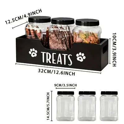 Wooden Pet Treat Holder Storage with 3 Airtight Jars – Cat Dog Snack Organizer | Ajman