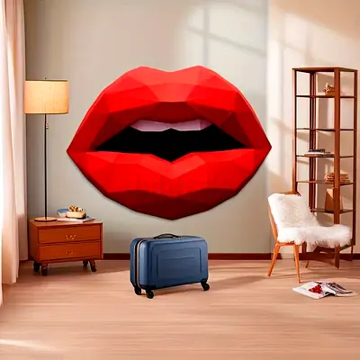 3D Red Lips Wall Art - Geometric Paper Sculpture