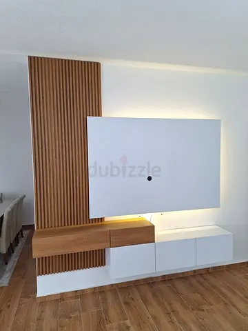 Modern Floating Media Console with Marble-Effect Top and Slatted Backdrop