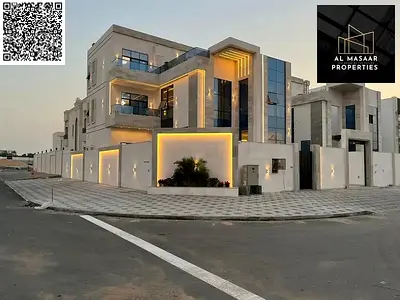 Luxury villa in Al-Haliyo 2 with a swimming pool, rooftop terrace, spacious outdoor seating area, elevator, and elegant design on a corner lot with tw