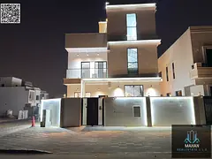 A luxurious corner villa on two streets, featuring a modern design, high-end finishes, and a garden,