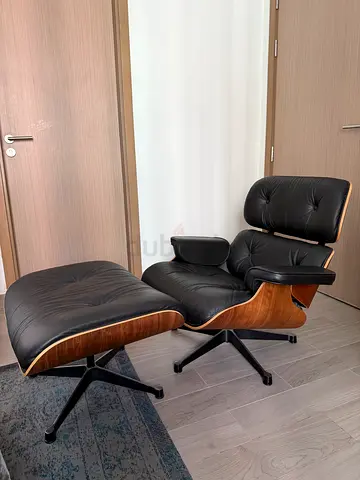 Eames Style Lounge Chair with Ottoman – Black Leather  Walnut Wood