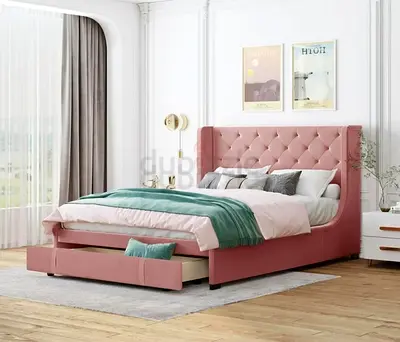 Stylish Pink Upholstered Bed with Storage Drawer