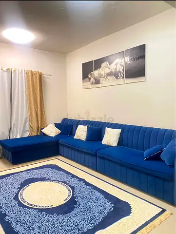 Elegant Blue Velvet Sofa with Decorative Cushions