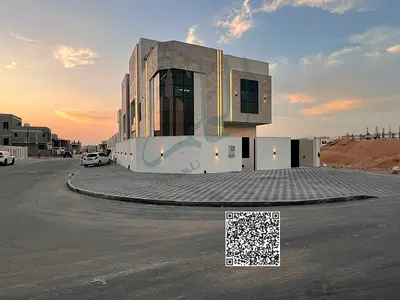 A luxurious villa for annual rent in the Al Zahia area of Ajman, located on a prime corner plot at the intersection of two streets. It is available