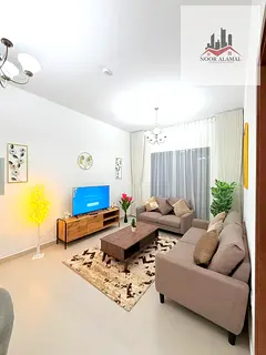Dubai Liwan 2 Apartment: One bedroom, living room, kitchen, two bathrooms, and balcony
