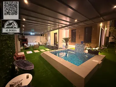 Furnished villa for rent in Al Zahia, 3 master bedrooms, living room, and swimming pool.