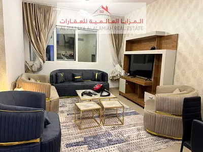 For rent monthly - fully furnished one-bedroom apartment and living room with hotel furniture - Sharjah - Al Taawun - with internet