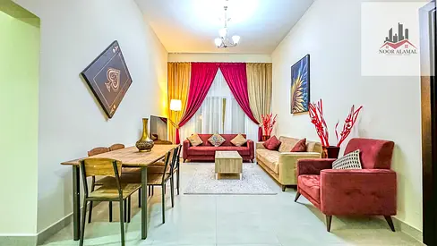 Dubai, Mirdif, opposite Mirdif City Centre, 3 bedrooms, hall, 4 bathrooms, first tenant, fully furnished with hotel furniture, large balcony, and park