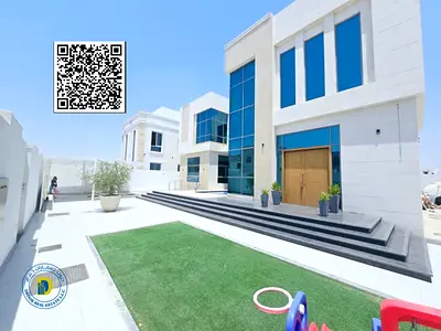 Luxury villa for sale in Al Yasmin area. 6 bedrooms, living room, majlis, swimming pool, and roof terrace. Price includes electricity, water, and air