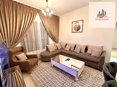 Sharjah, Al Taawun area, brand new building, first occupancy, hotel-style furnishings, two bedrooms, living room, kitchen, and two bathrooms