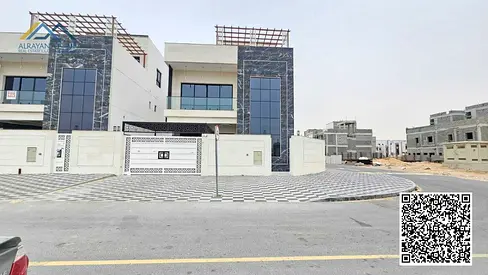 Luxury corner villa for sale in Ajman, Al Helio 2. Super deluxe finishing. 🔥🔥 The villa is in an excellent location, just 11 minutes from Al Yasmin