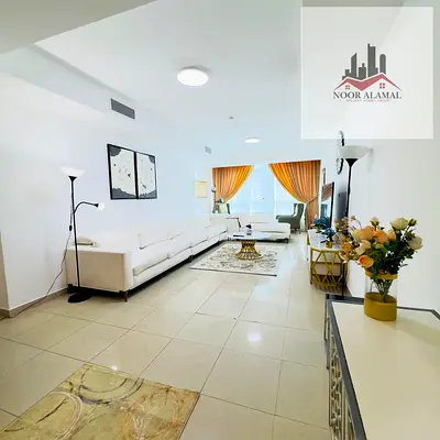 Sharjah, Al Khan, furnished apartment with hotel-style furnishings, second occupancy. One bedroom, living room, children's room, kitchen, two bathroom