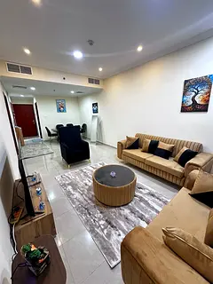 Furnished one-bedroom apartment for rent in Al Rumaila, Ajman. Second row from the Corniche, first o