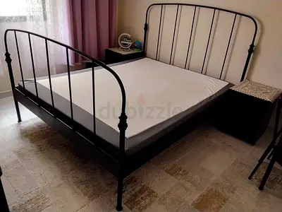 Queen Size Metal Bed Frame with Mattress and 2 side tables