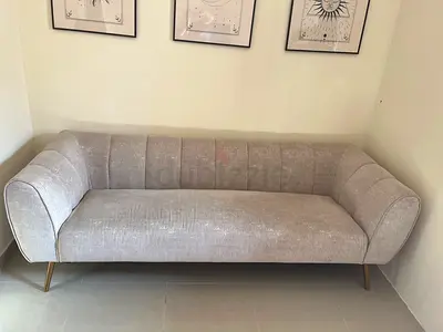 Home Centre 3-seater Fabric Sofa - Muted Beige/Light Gray - Gold Legs - Spring Cushion