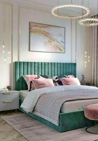 Elegant Green Bed with Chic Lighting