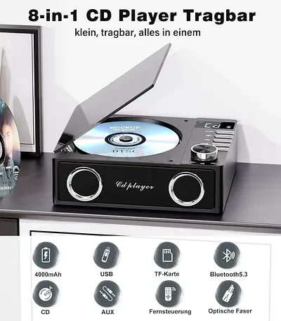 Greadio Portable CD Player with Bluetooth 5.3, Greadio 4000mAh Rechargeable