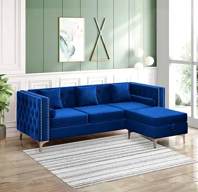 Elegant Blue Velvet Sofa with Chaise