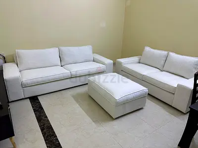 Modern Fabric Sofa Set (3+2+Center Ottoman) Stylish light beige sofa set with wide armrests and high
