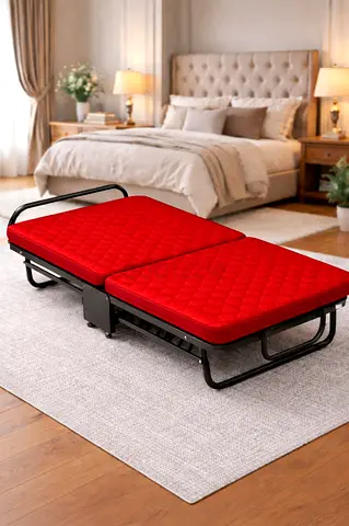 Red Foldable Guest Bed with Mattress – Portable Steel Frame Folding Bed with Wheels
