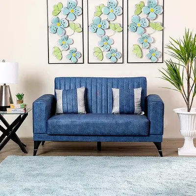 Stylish Blue Loveseat Sofa with Decorative Pillows