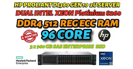 2ND GENRATION-96 CORE-512GB RAM HPE DL380 GEN 10 SERVER-DUAL INTEL XEON PLATINIUM 8260 CPU-3X960 GB