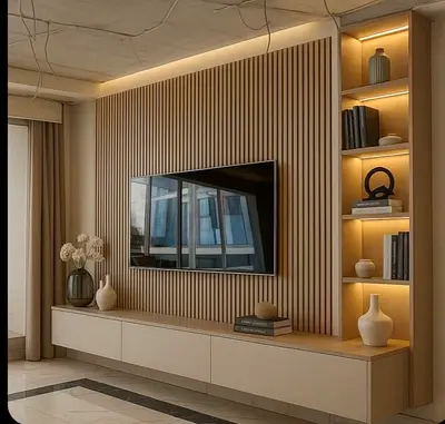 Floating Japandi Media Wall with LED Accents