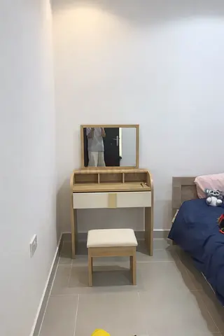 Elegant wooden dresser with mirror and stool
