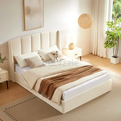 Winged headboard queen hydraulic storage bed