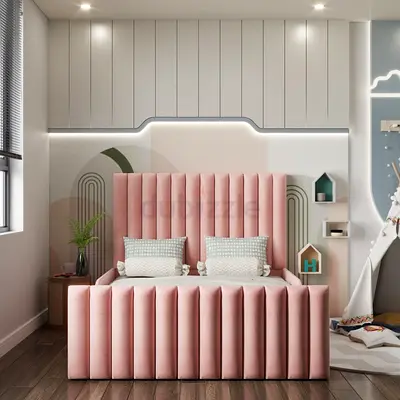 Stylish Pink Velvet Bed with Unique Headboard
