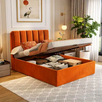 Orange velvet twin hydraulic storage bed