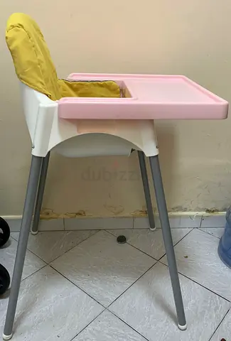 IKEA ANTILOP Highchair with tray and safety belt, white/silver/Pink + LANGUR Padded seat cover